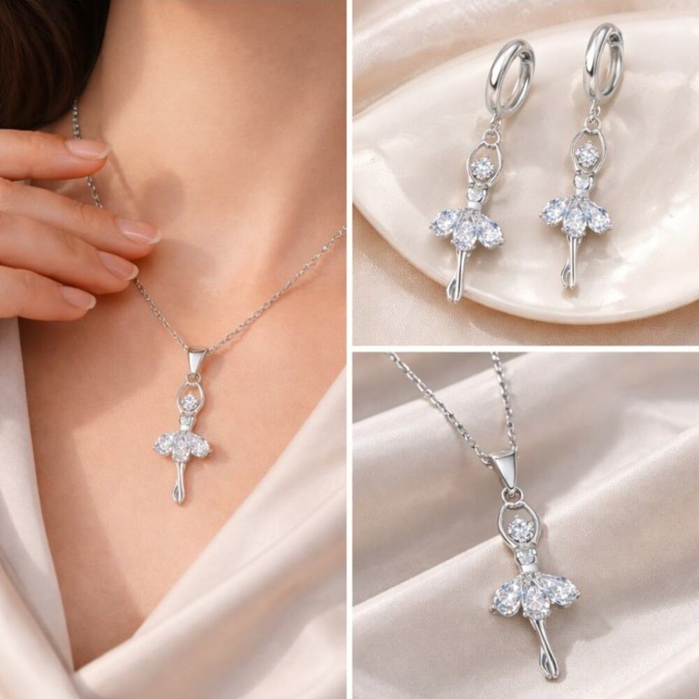 Sterling Silver Plated 925 CZ Ballerina Necklace & Hoop Earring Set - Picture 3 of 5